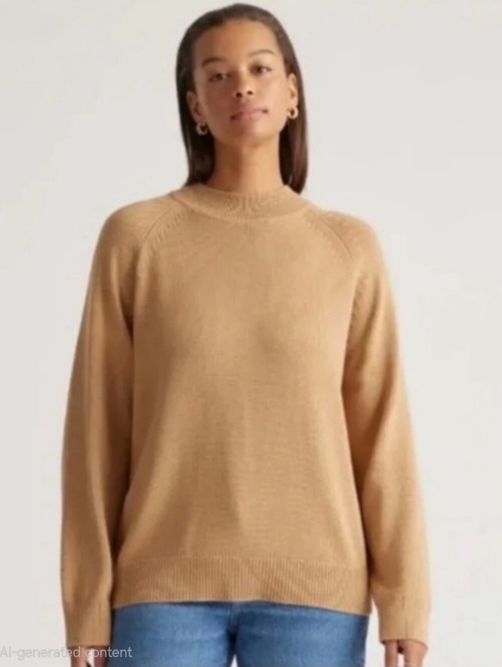 Quince Camel 100% Organic Cotton Mock Neck Sweater Large